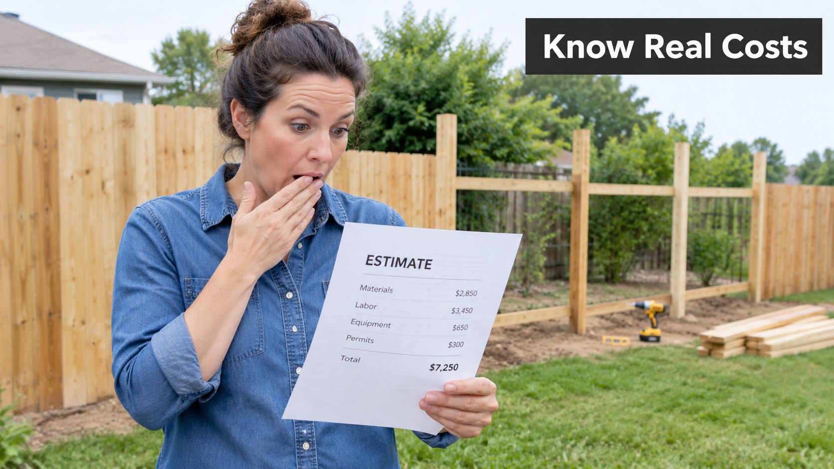 A woman looks shocked while holding a written cost estimate for a new backyard fence project.