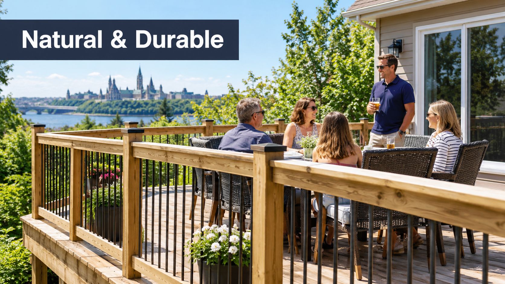 A group of friends enjoys a sunny afternoon on a wooden deck with black metal railing details.