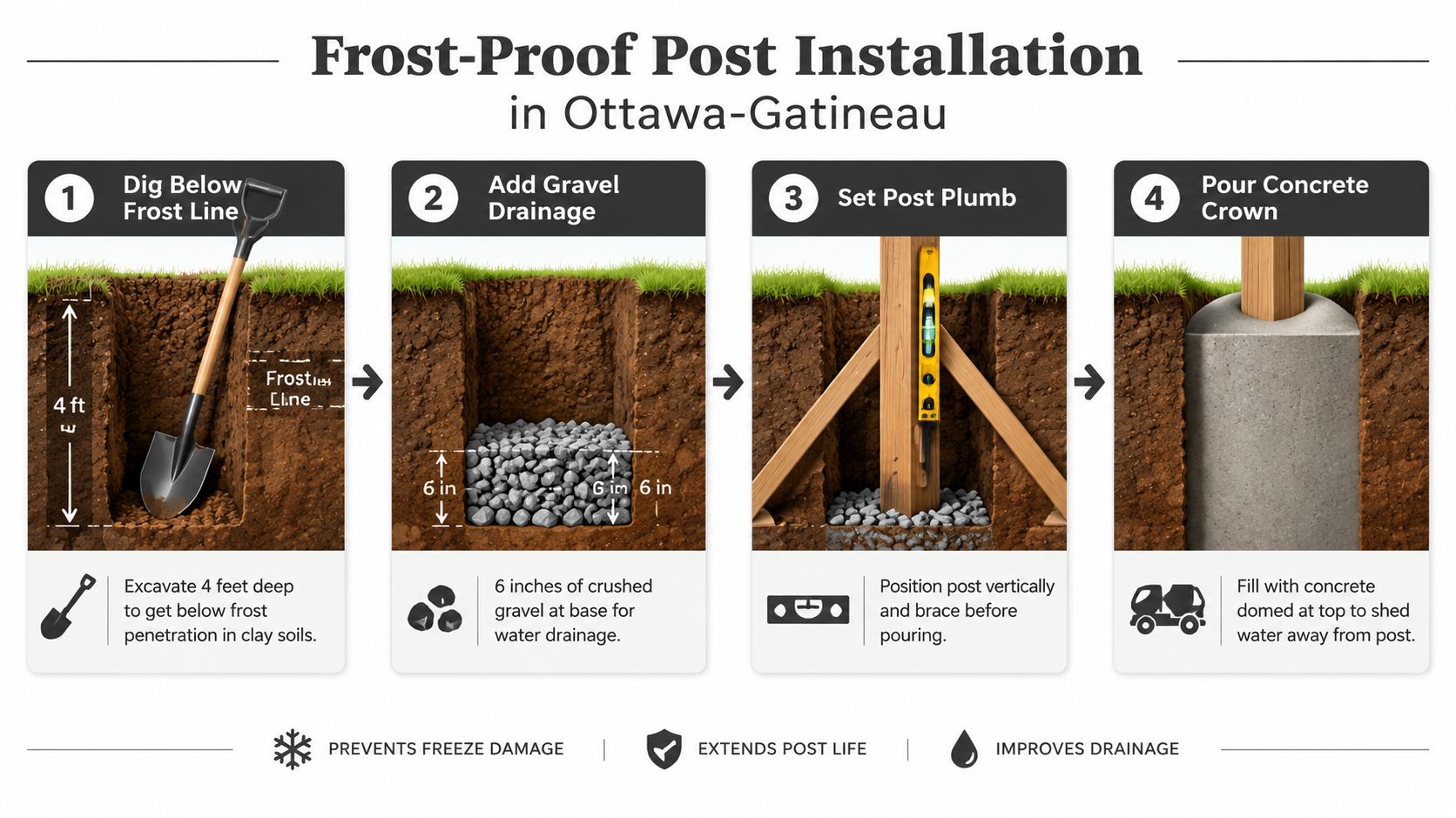 A four-step infographic illustrating the professional method for installing frost-proof fence posts in Ottawa-Gatineau.