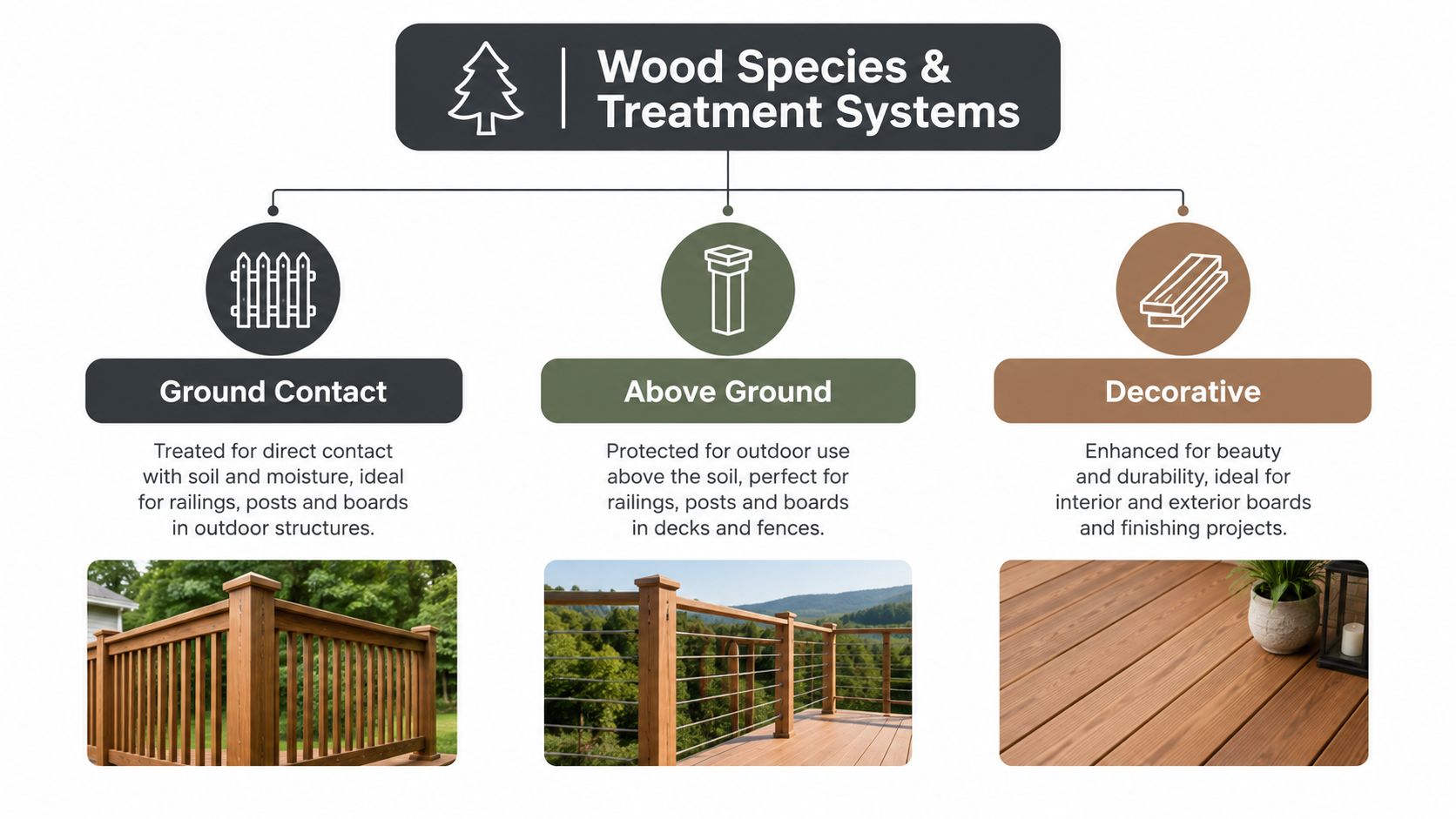 A diagram explaining the differences between ground contact, above ground, and decorative wood treatment systems for outdoor projects.