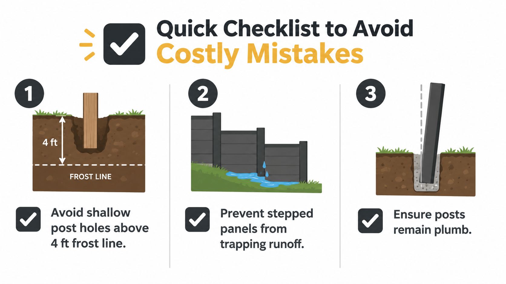 A checklist infographic illustrating common mistakes to avoid during fence installation, including post depth and alignment.