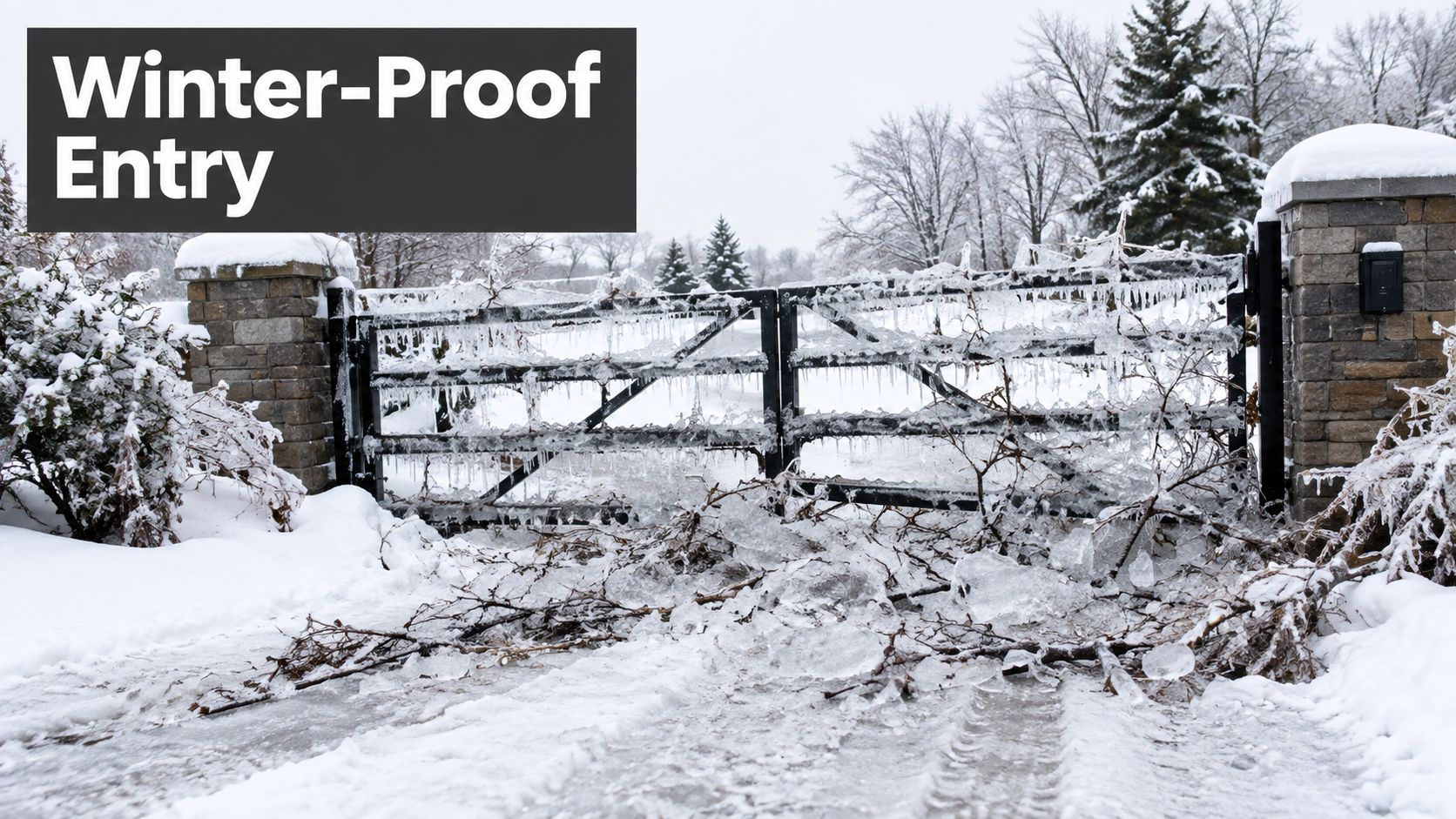 A black metal gate covered in thick ice and fallen branches, set in a snowy landscape.