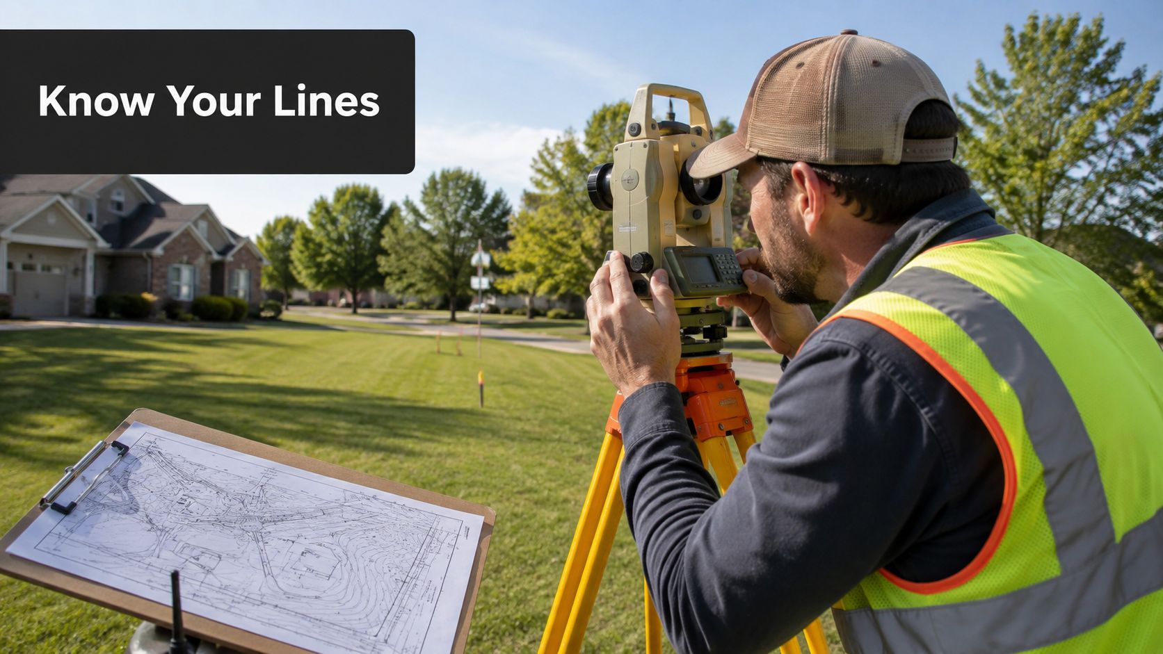 A land surveyor using a total station instrument to measure boundaries near a residential property.