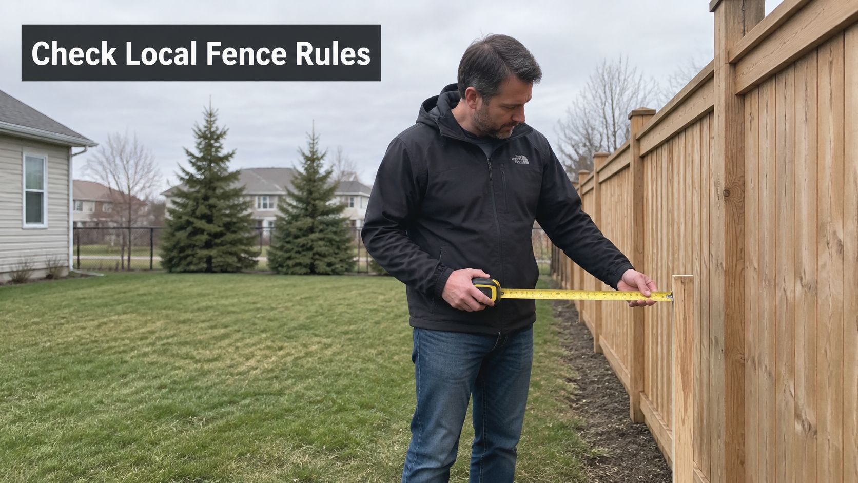 A man using a tape measure to check the width of a wooden fence post outdoors.