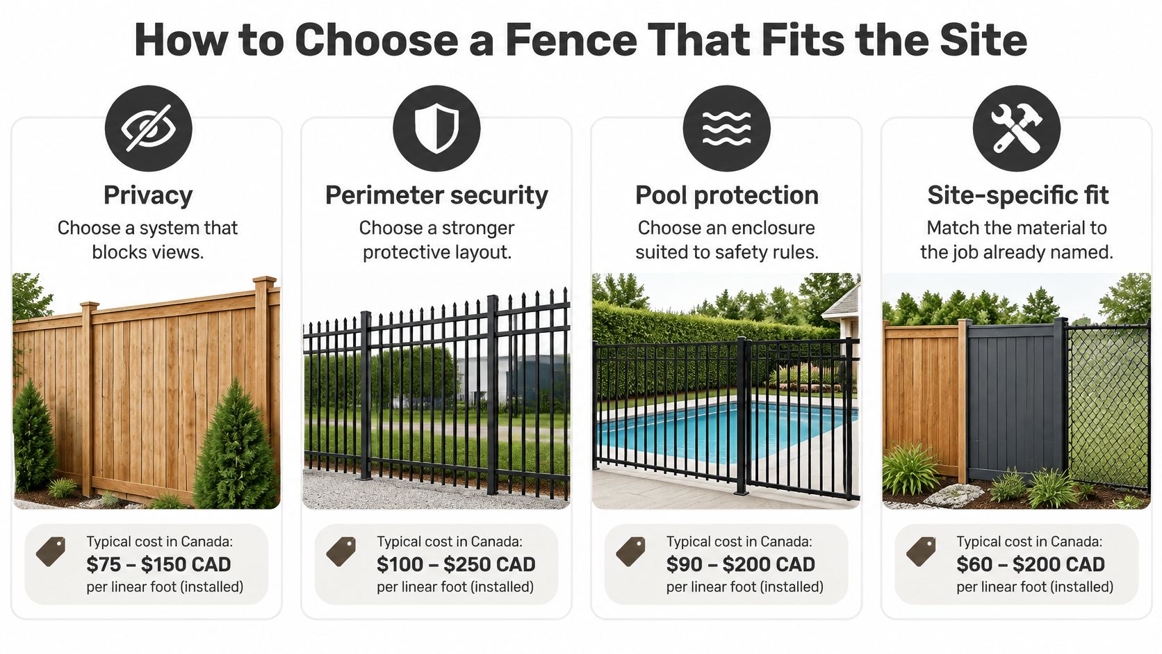 A guide on how to choose a fence, showing four different types with their typical Canadian costs.