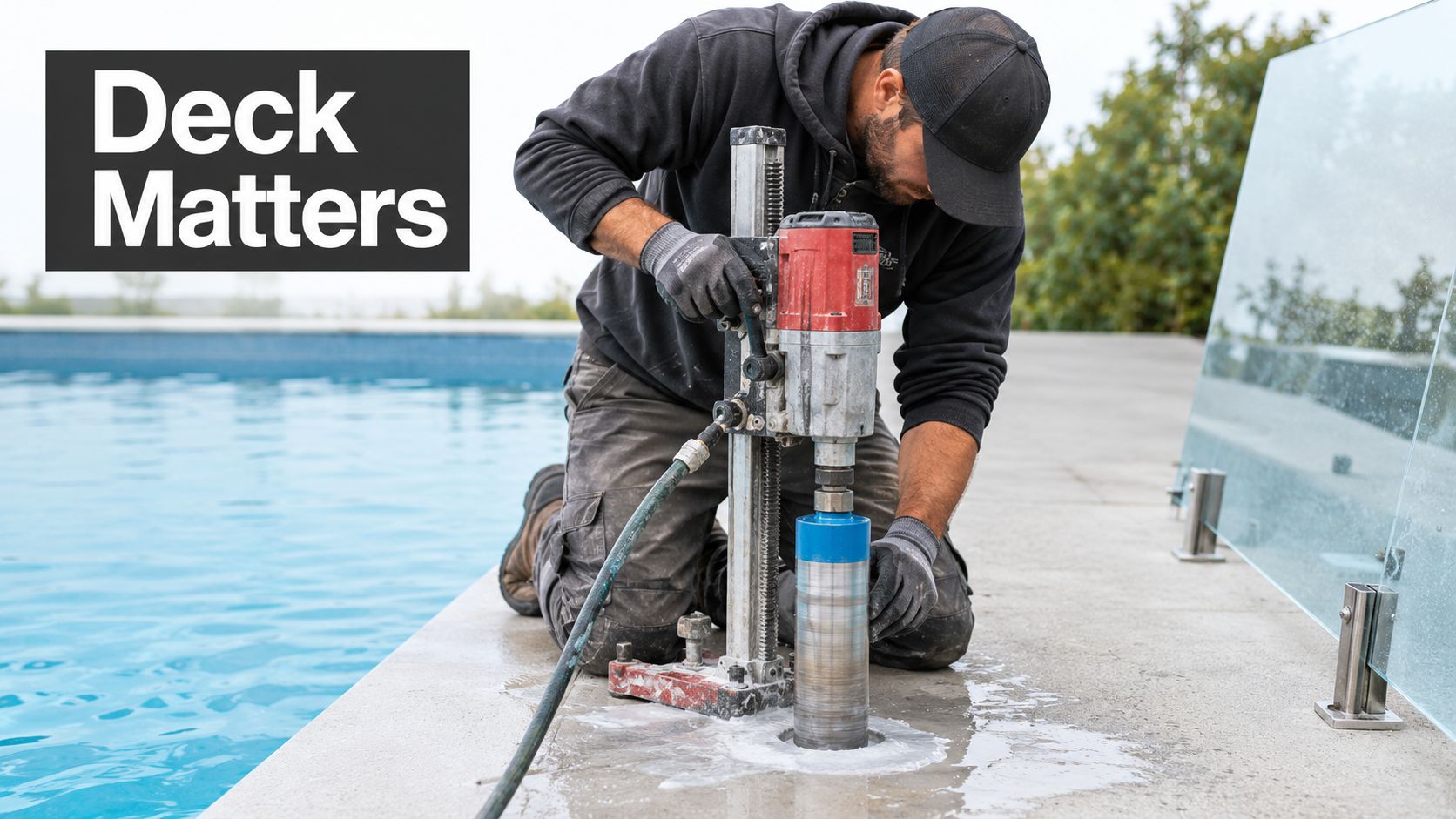 A construction worker uses a professional core drilling machine to create a hole for a pool fence.
