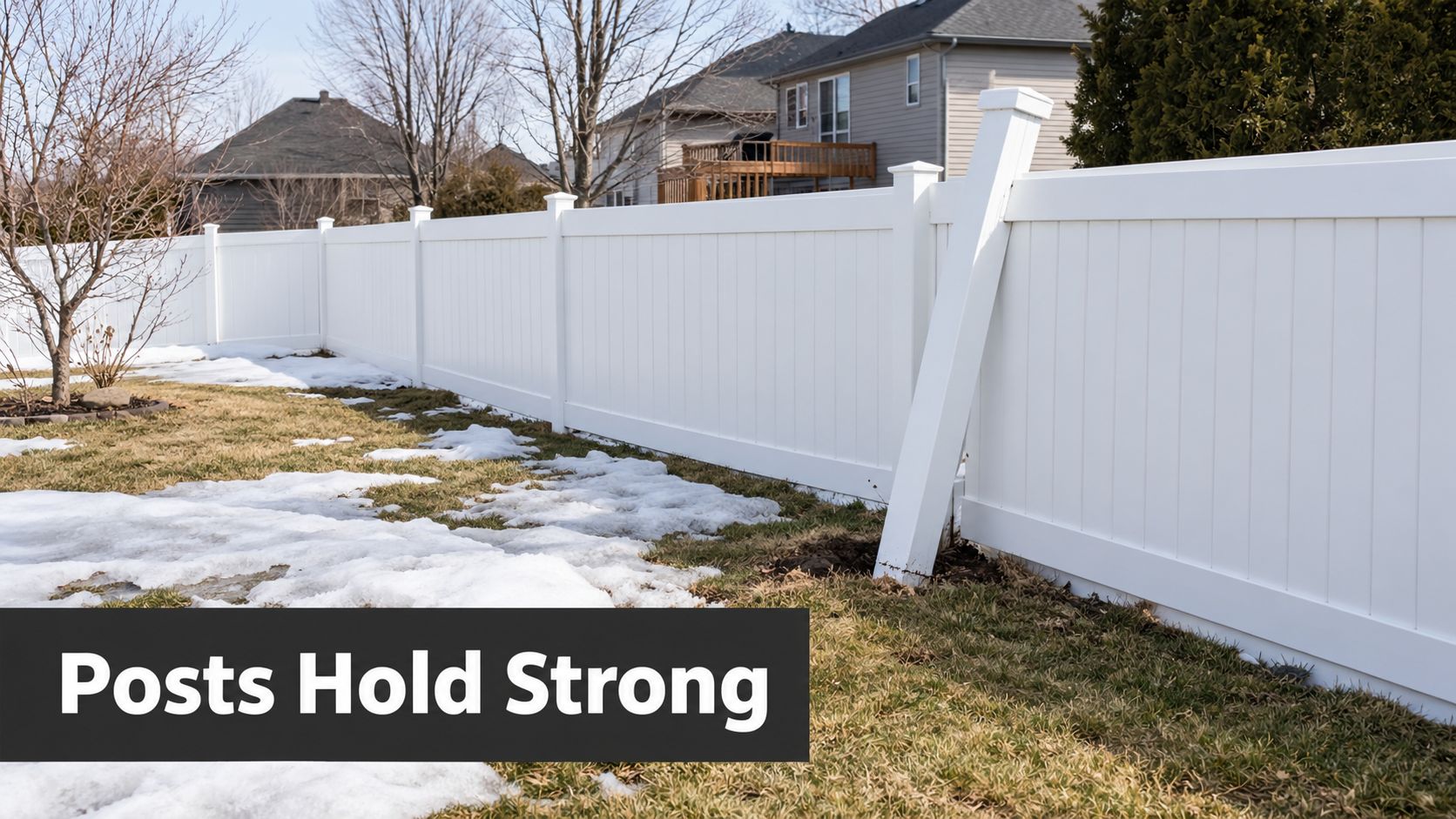 A sturdy white PVC fence in a snowy backyard with a leaning support post showing durability.