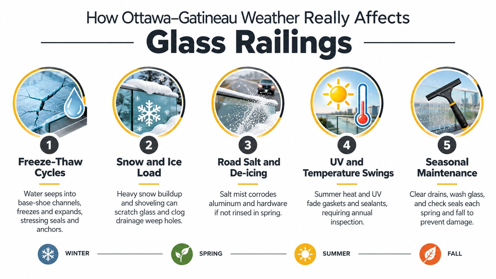 An infographic detailing how weather conditions in Ottawa-Gatineau can affect the integrity of exterior glass railings.