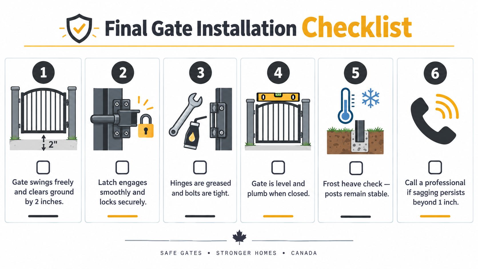 A six-step infographic illustrating a checklist for final gate installation to ensure safety and proper operation.