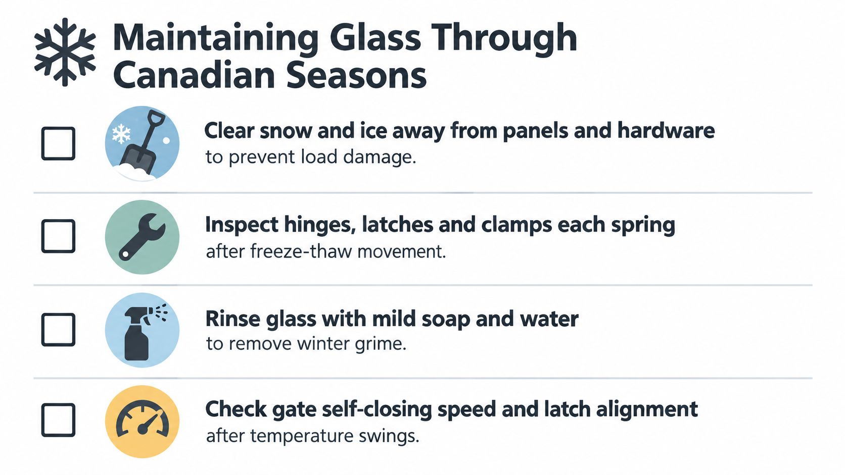 A checklist infographic illustrating four essential maintenance tips for outdoor glass fences during Canadian seasonal changes.