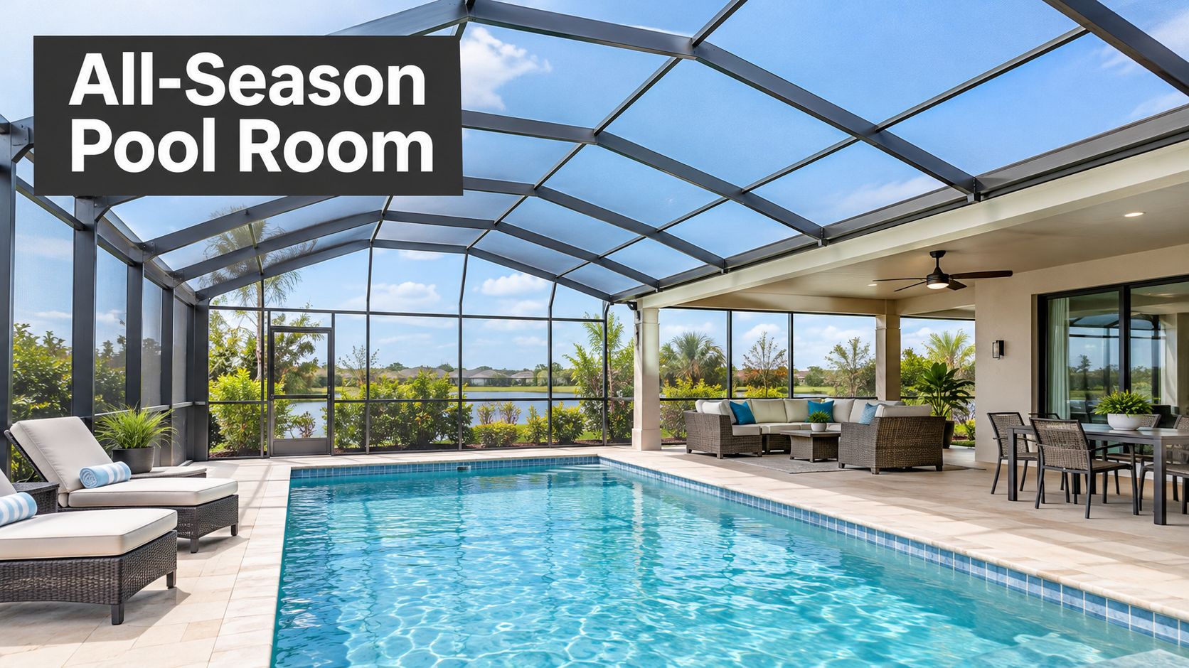 A luxurious patio area featuring a covered pool enclosure with lounge chairs and comfortable outdoor furniture seating.