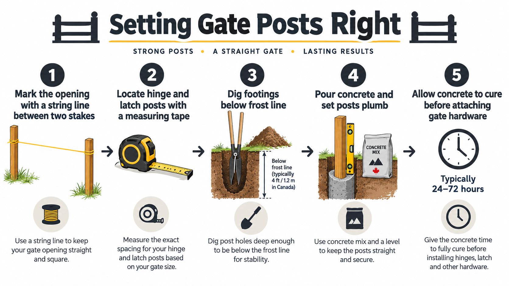 A five-step infographic showing the process for setting gate posts correctly using concrete, string, and levels.