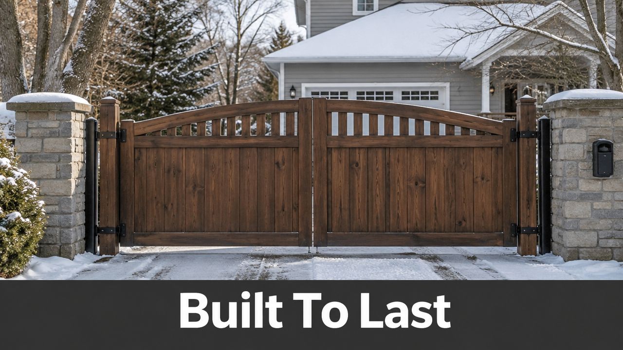 A pair of sturdy dark wooden driveway gates installed between two stone pillars in a snowy setting.