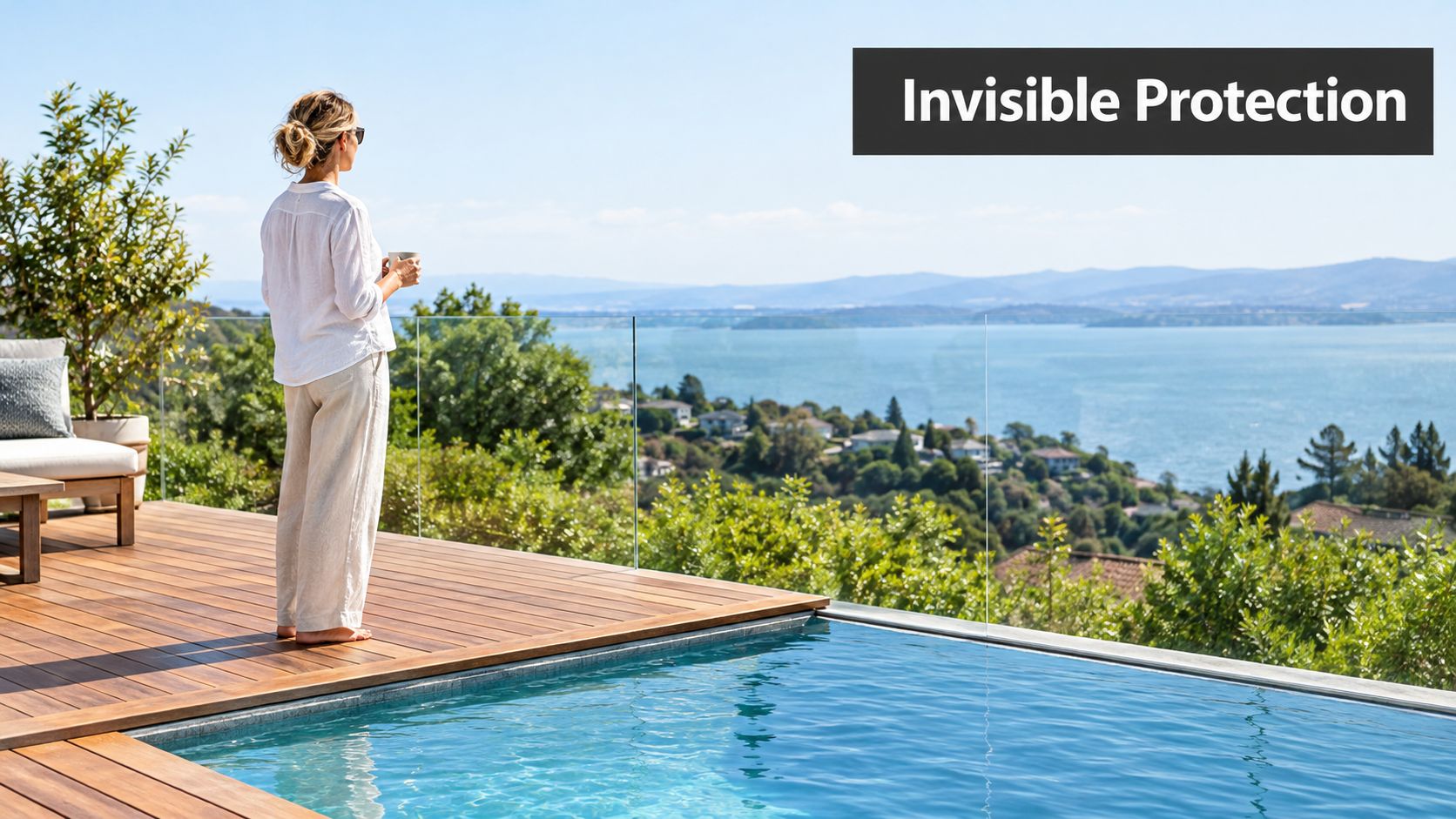 A woman stands on a wooden deck by a pool, enjoying the view behind a frameless glass railing.