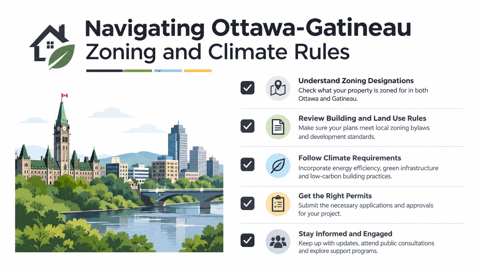 An infographic detailing essential steps for navigating zoning laws and climate building regulations in Ottawa-Gatineau.