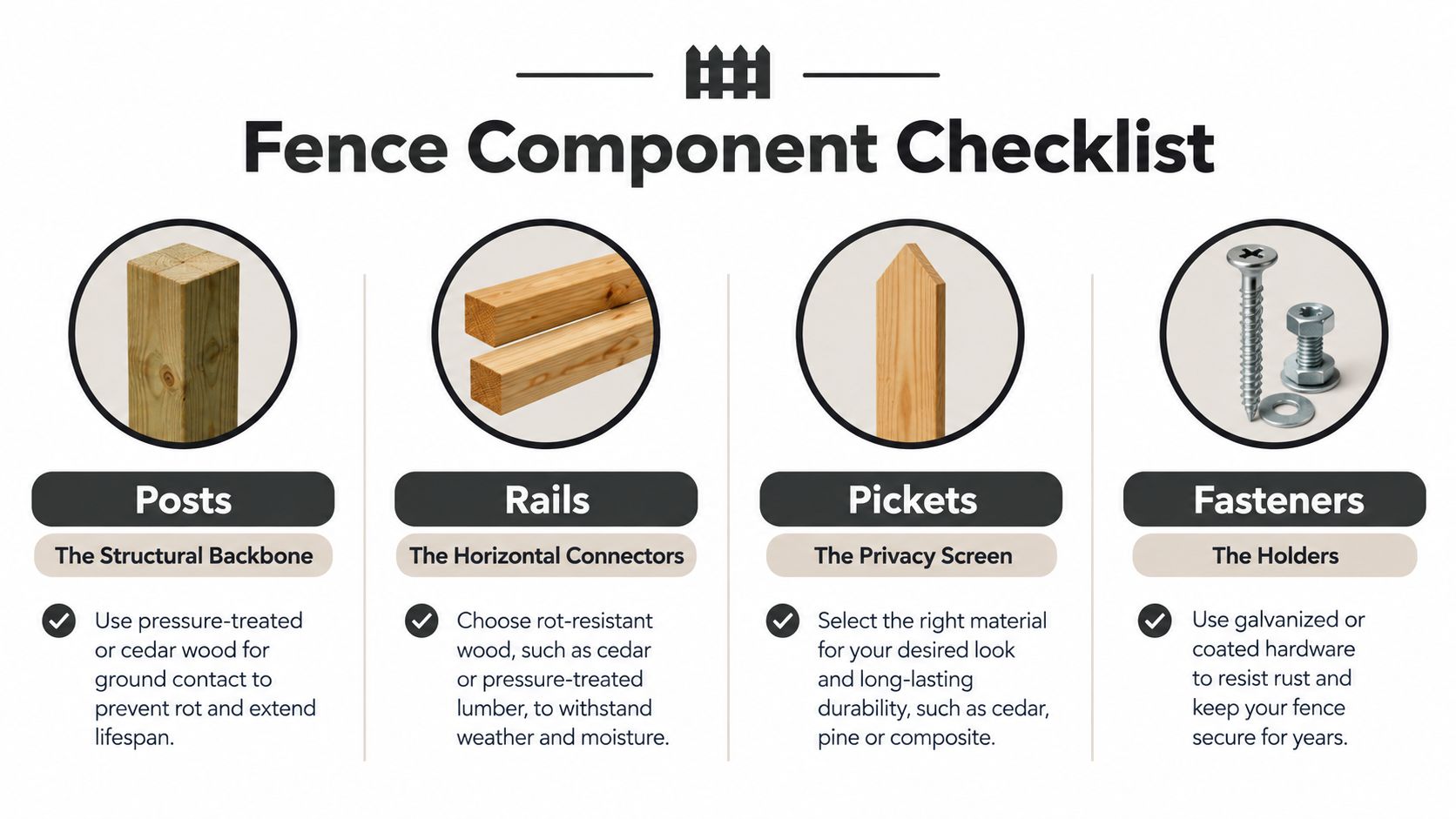 An educational infographic outlining essential wood privacy fence materials including posts, rails, pickets, and various hardware fasteners.