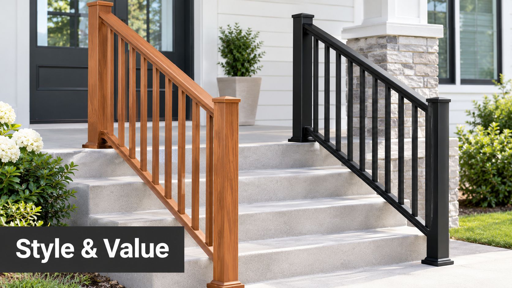 Two outdoor stair railings showing a wood-look finish on the left and black metal on the right.