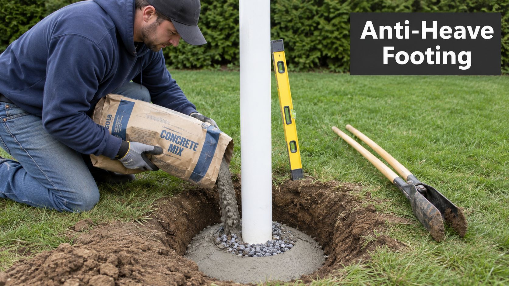 A man pouring wet concrete mix around a white PVC post into a hole in the ground.