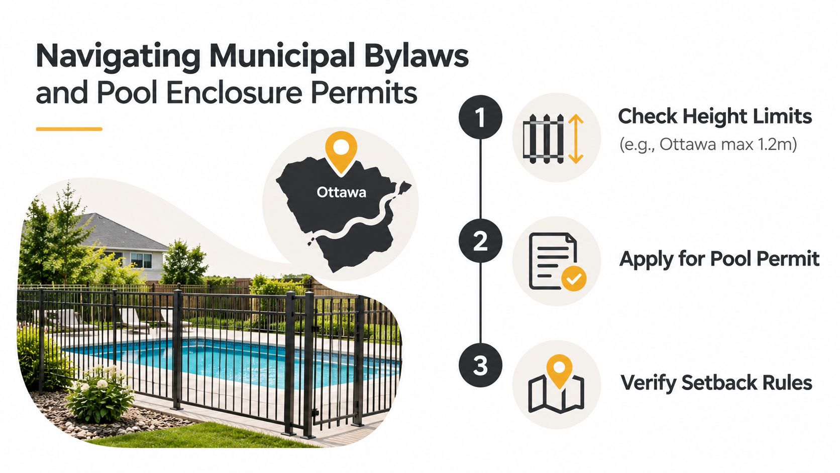 A visual guide outlining the three steps to navigating municipal bylaws for residential swimming pool enclosure permits.