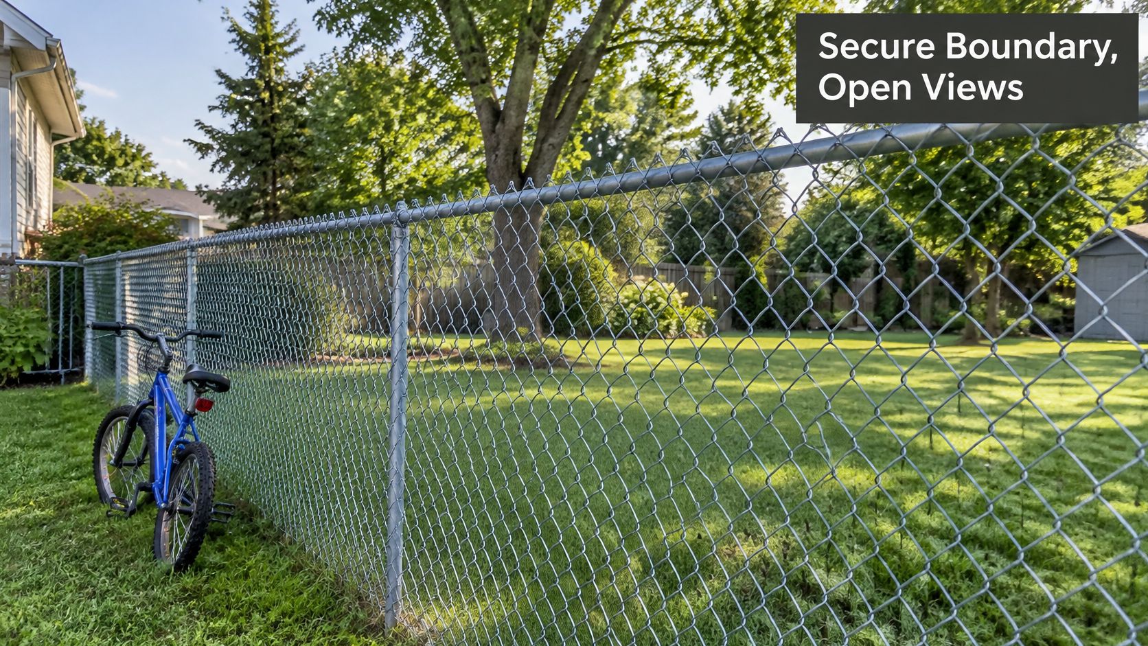 A blue bicycle parked next to a secure chain link fence in a grassy suburban backyard.
