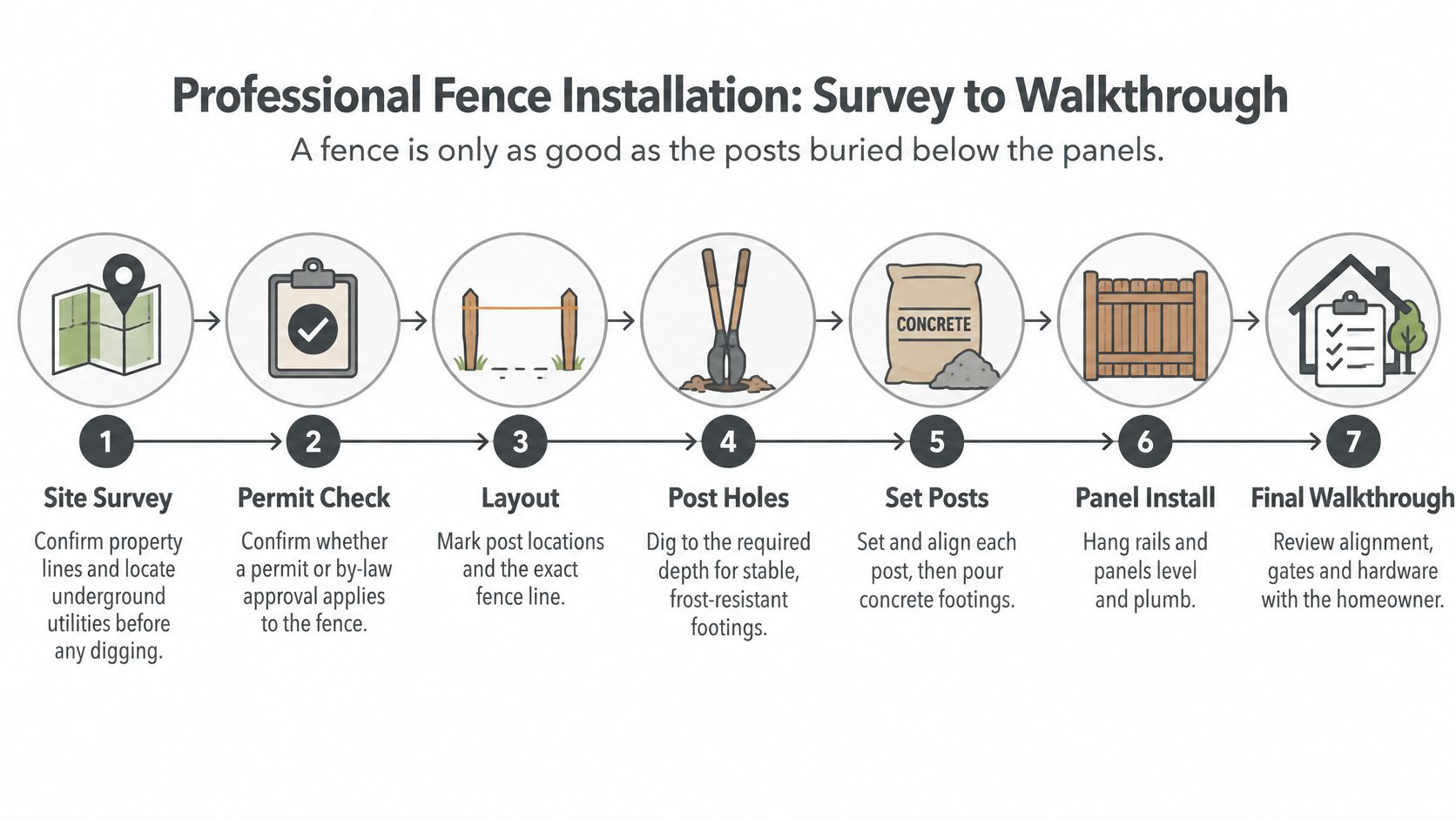 A professional fence installation process infographic showing seven steps from site survey to final homeowner walkthrough.