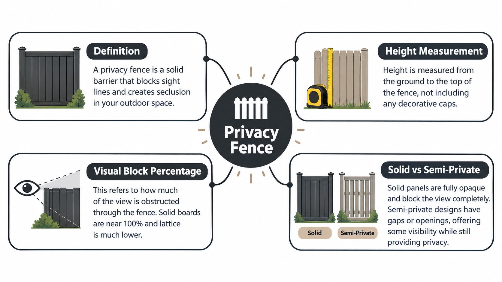 A diagram infographic explaining the definition, height measurement, visual block percentage, and types of privacy fences.