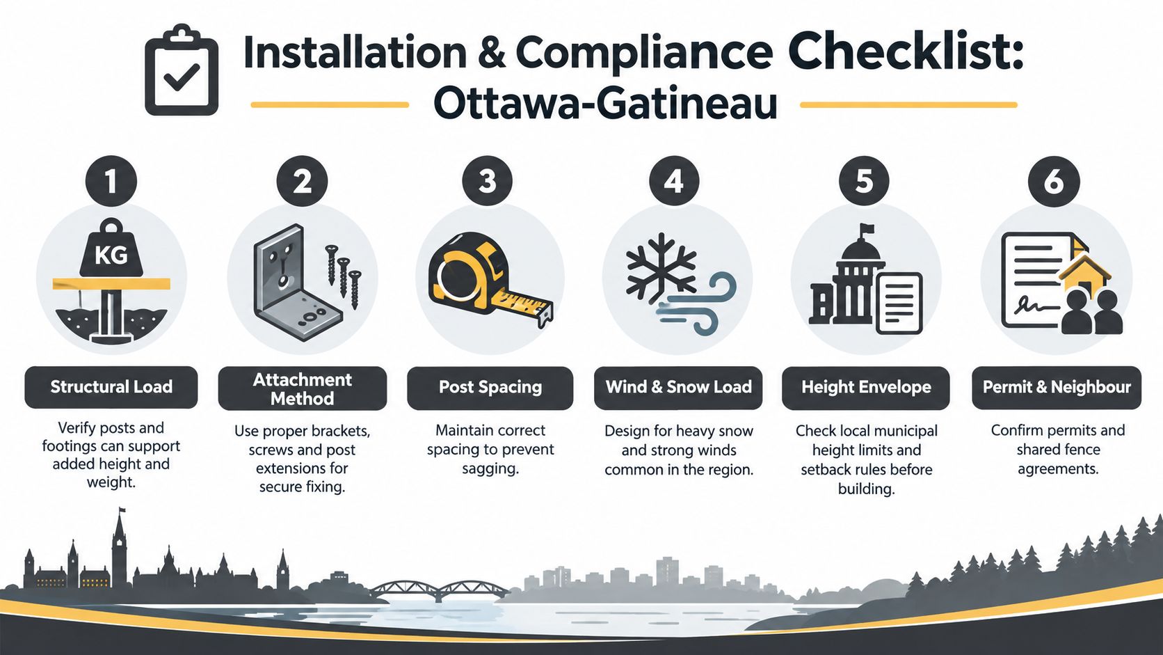 An infographic checklist for installing fence toppers, outlining structural, load, and legal compliance in Ottawa-Gatineau.