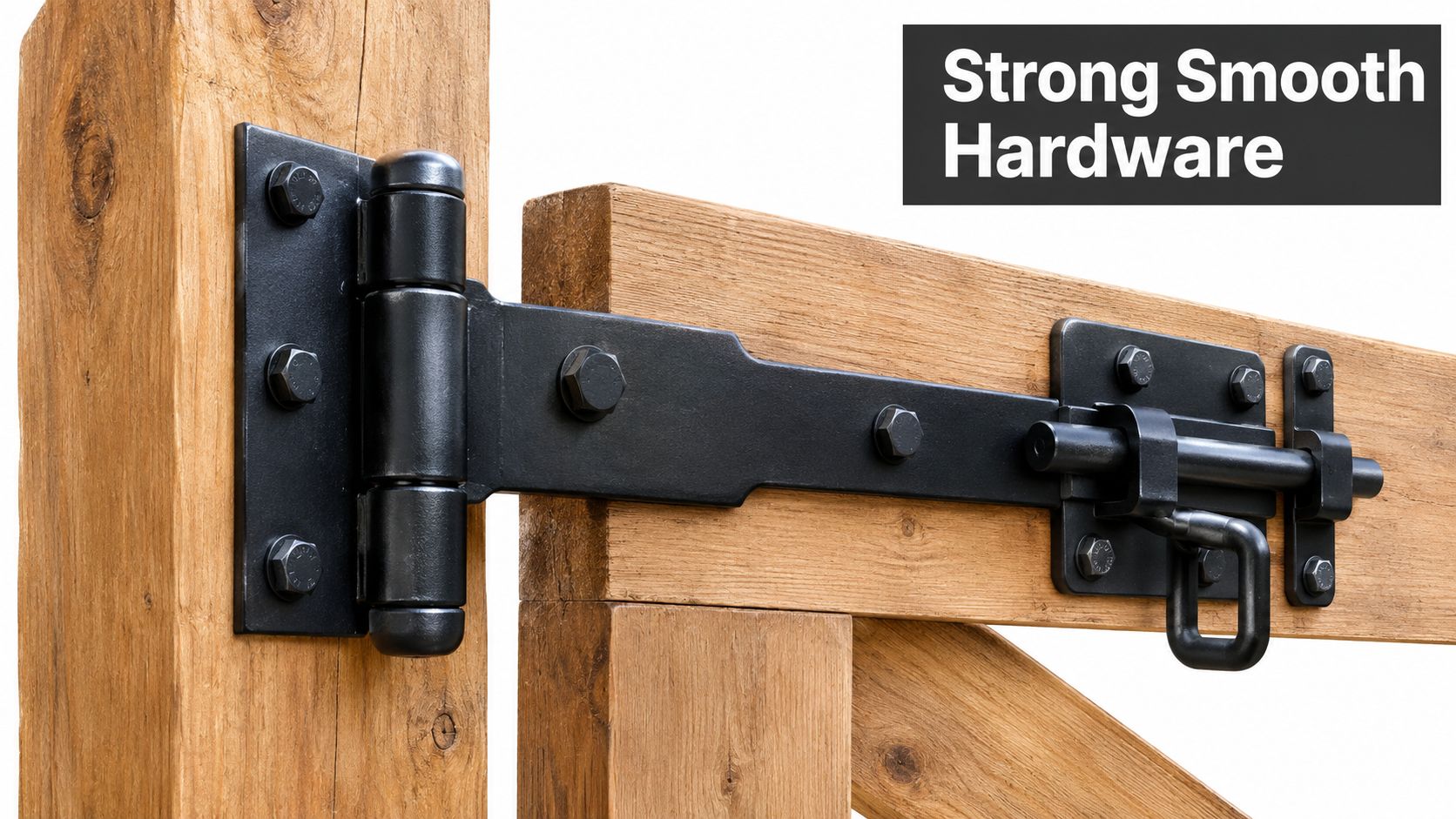 A close-up view of heavy-duty black metal gate hardware mounted on sturdy wooden driveway gates.