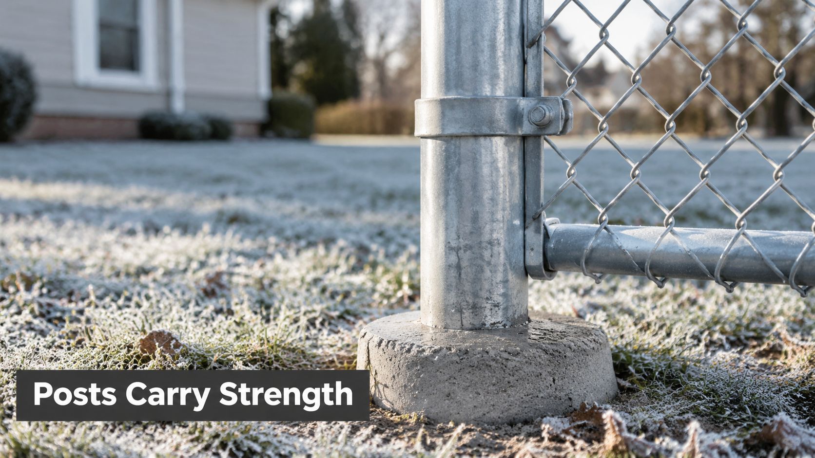 A sturdy metal chain link fence post secured in a concrete foundation on a frosty morning.