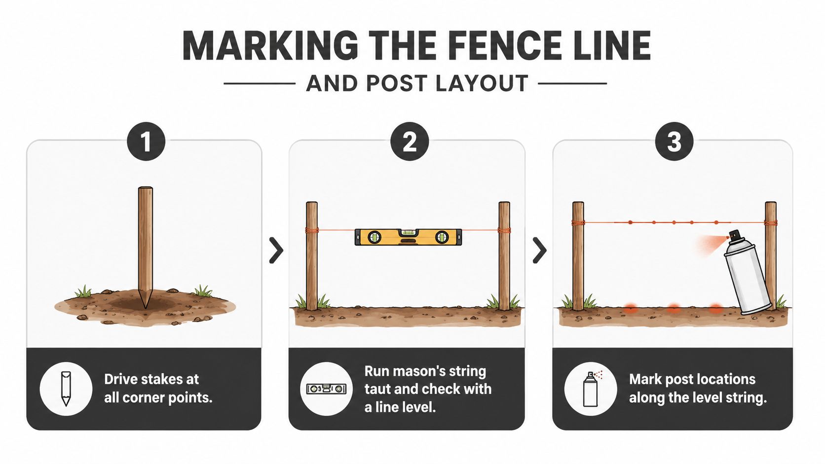 An infographic showing the three steps to mark a fence line and layout posts for a project.