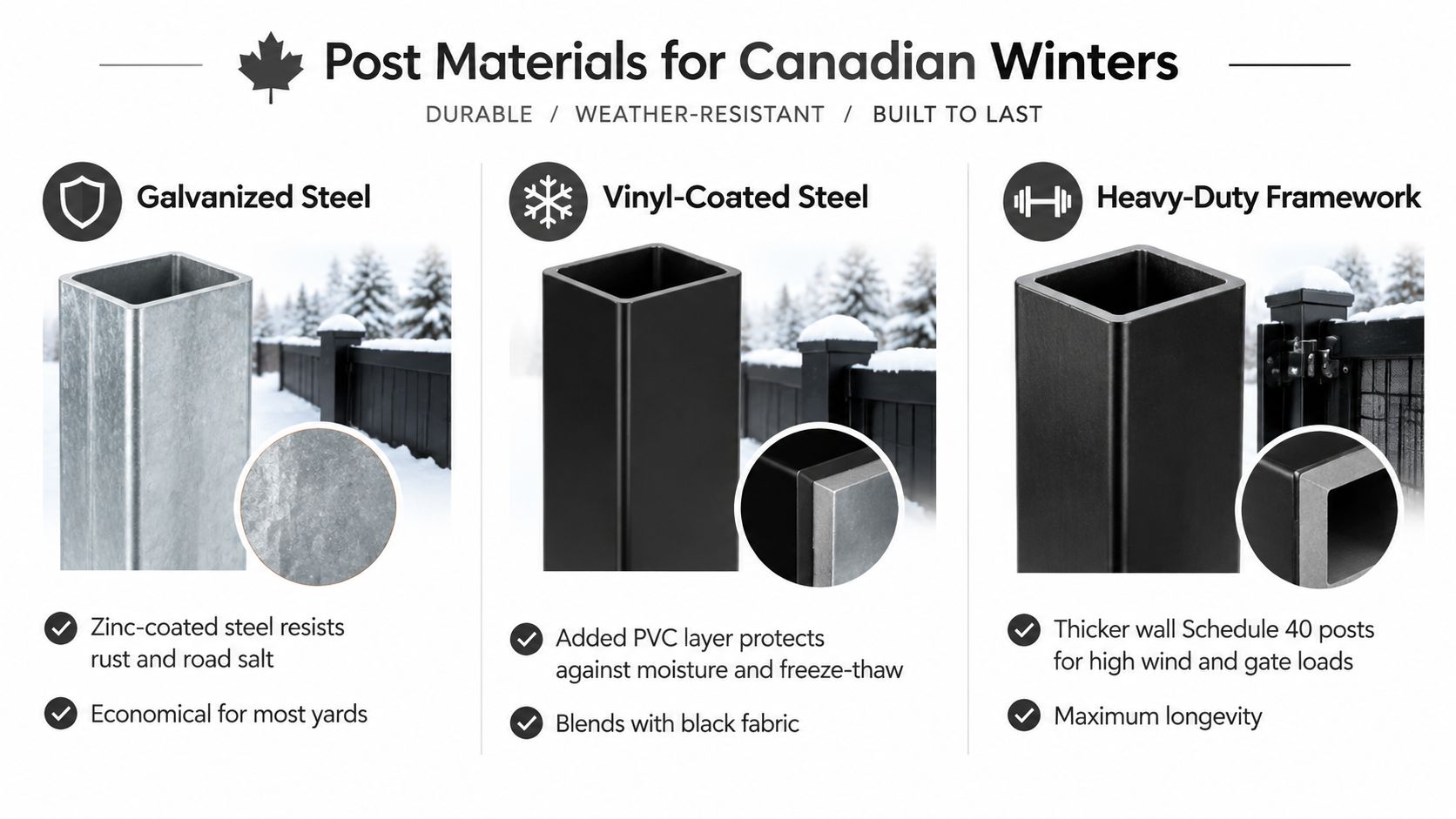 A comparison chart of galvanized steel, vinyl-coated steel, and heavy-duty fence posts for Canadian winter conditions.