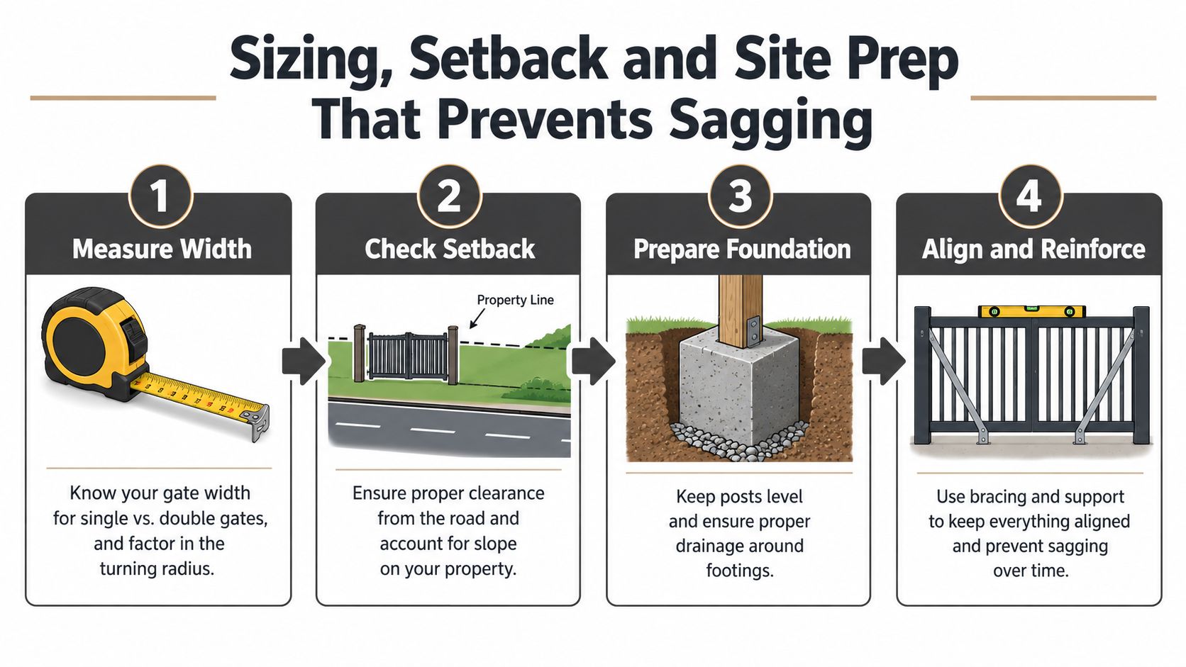 A four-step infographic illustrating the sizing, setback, and site preparation required to prevent driveway gate sagging.