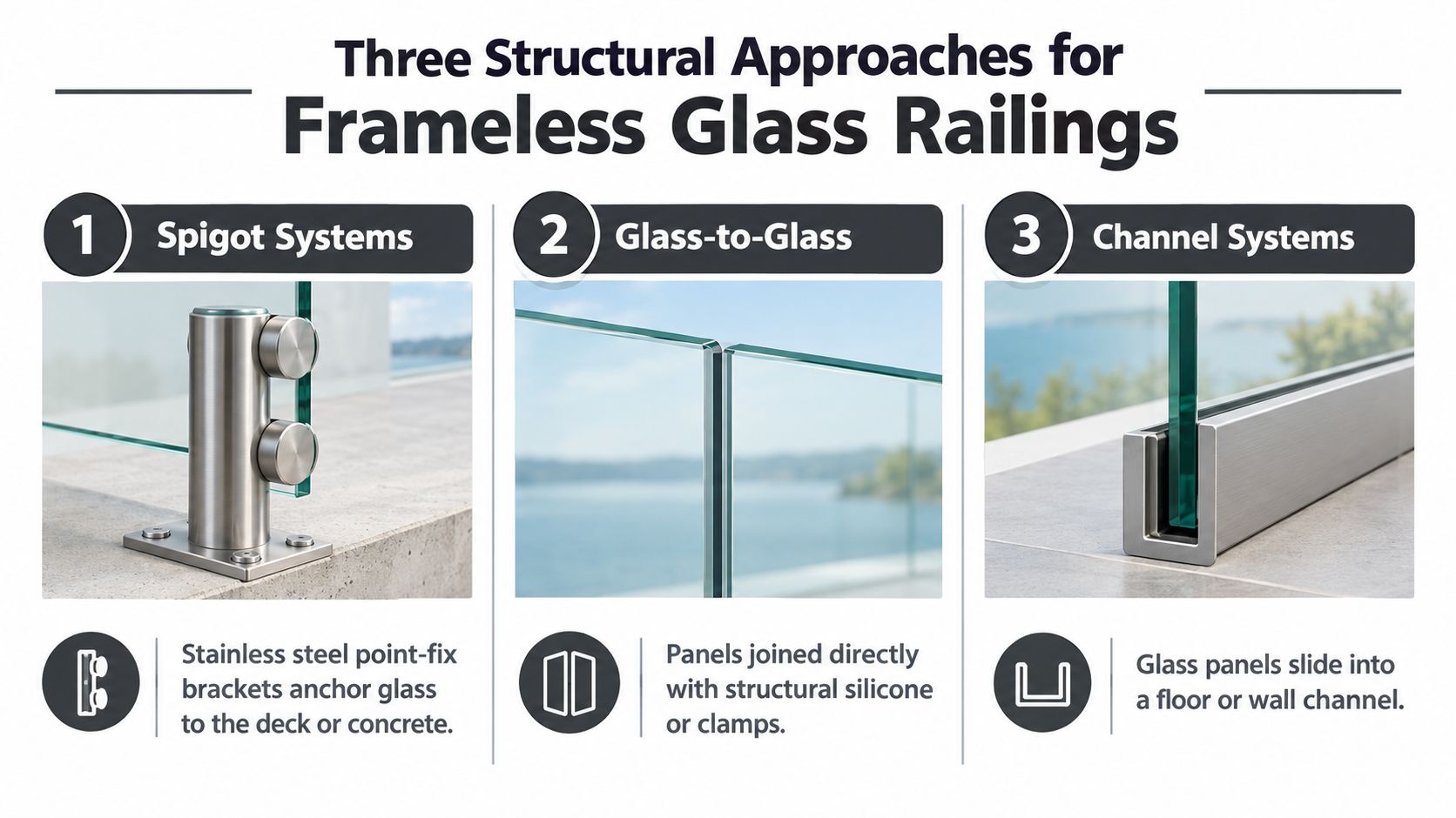 A diagram illustrating three structural installation approaches for frameless glass railings including spigot, glass-to-glass, and channel systems.