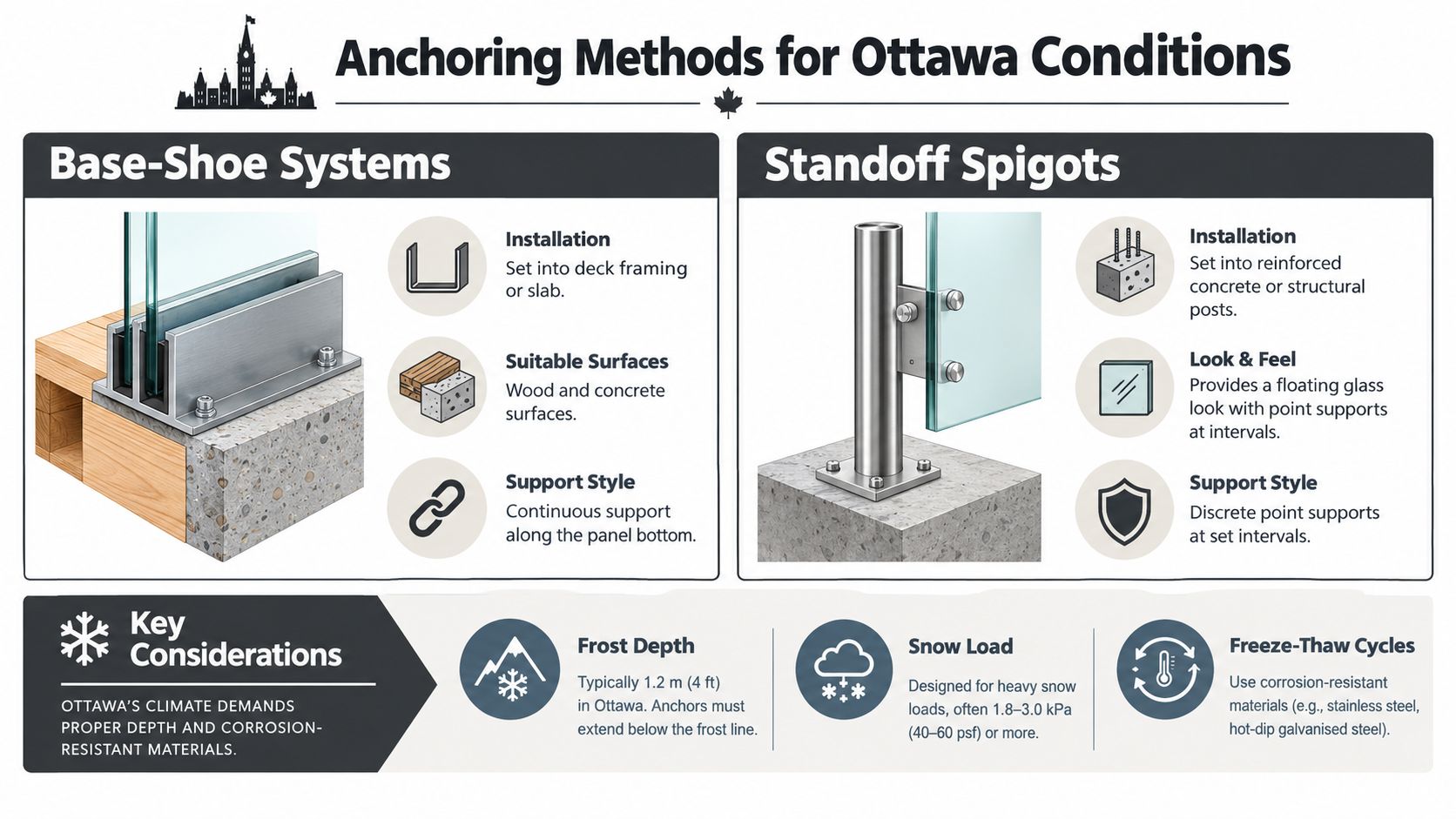 A technical infographic comparing Base-Shoe Systems and Standoff Spigots for glass railing installations in Ottawa's climate.
