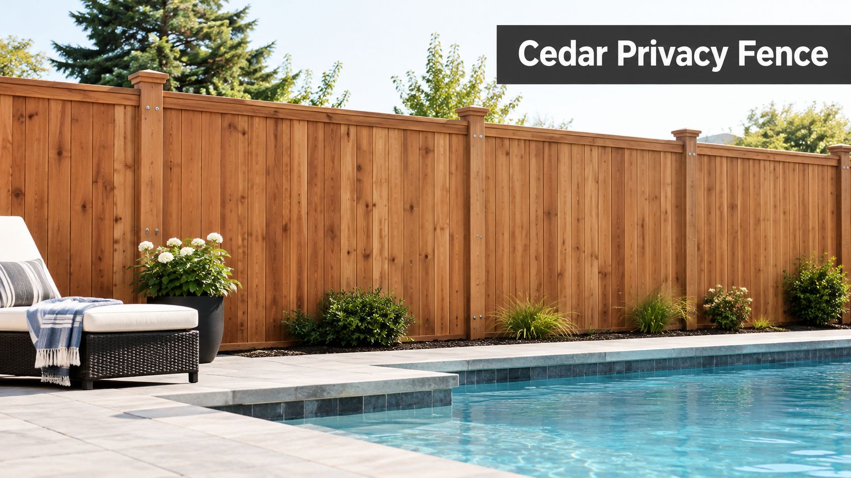 A modern, high-quality wood cedar privacy fence bordering a residential swimming pool and patio area.