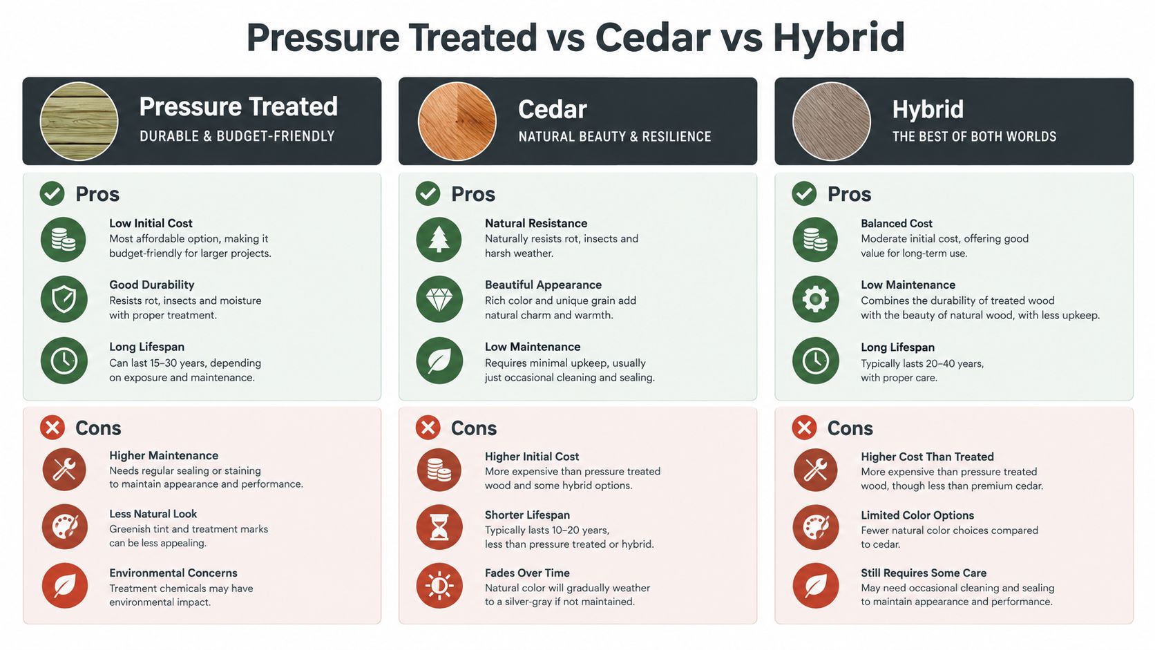 A comparison chart outlining the pros and cons of pressure treated, cedar, and hybrid wood deck materials.