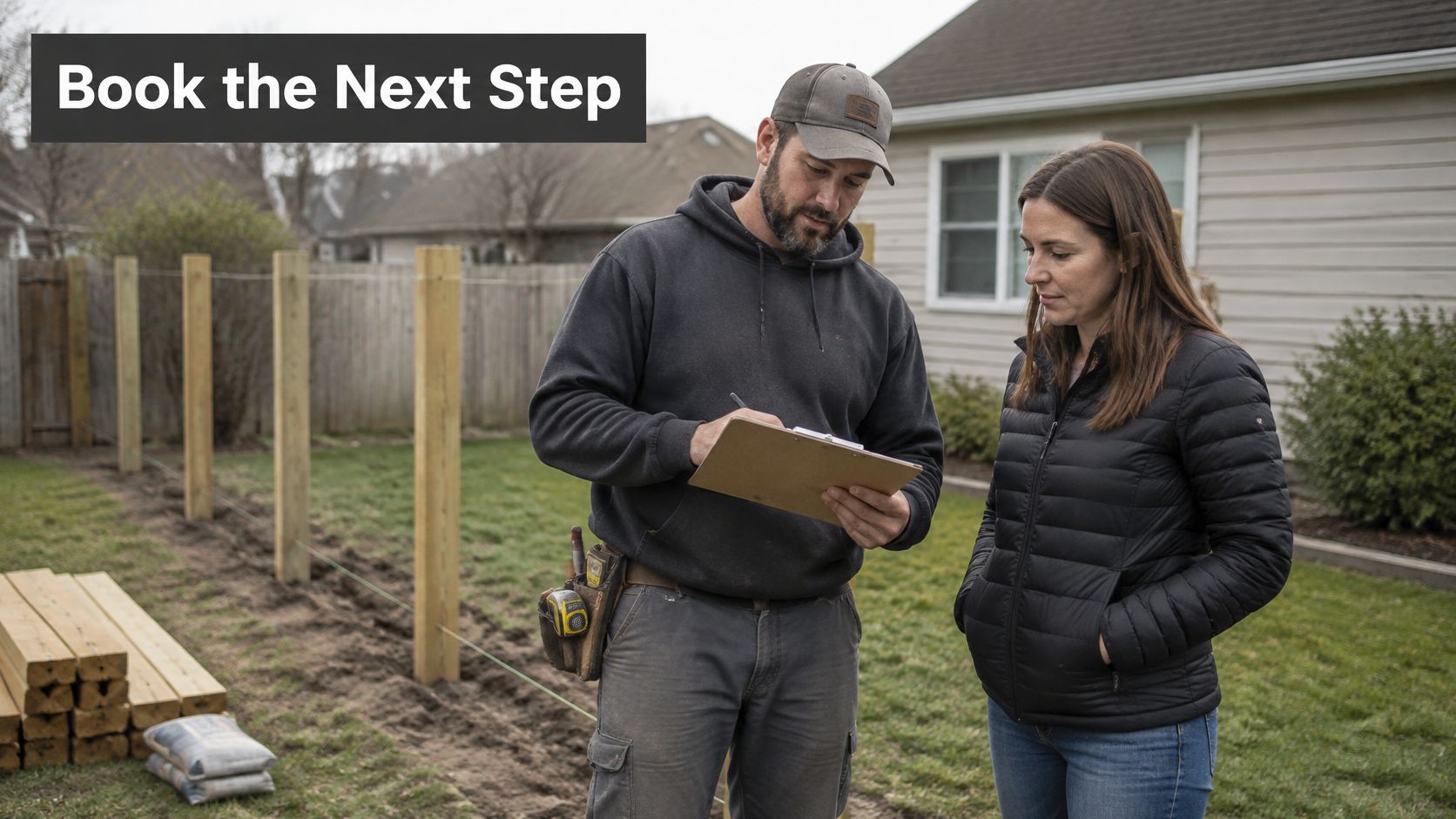 A professional fence contractor discusses a home project with a customer while reviewing notes on a clipboard.