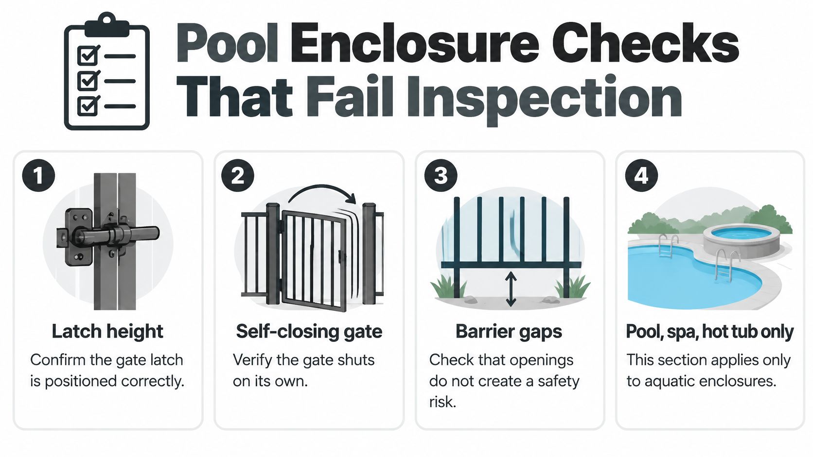 An infographic illustrating four critical safety checks for pool enclosures, including gate latches, self-closing gates, and barriers.