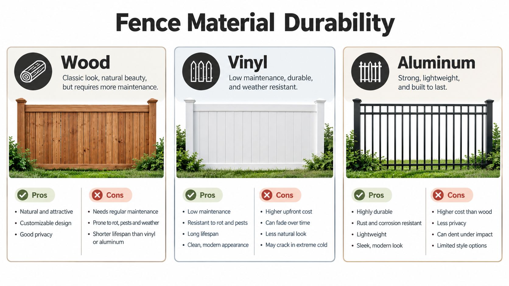 A comparison chart showing pros and cons of wood, vinyl, and aluminum fencing materials for residential use.