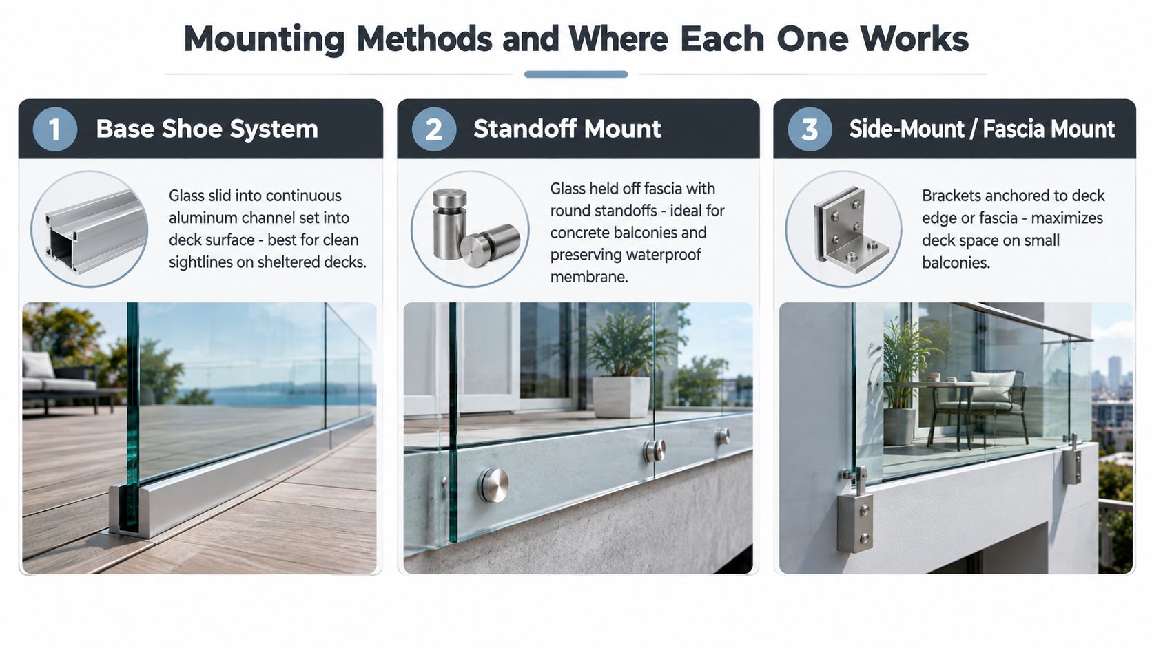 A graphic illustration comparing three types of glass railing mounting systems for decks and balconies.