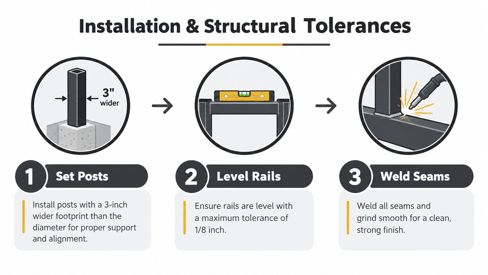A three-step infographic detailing installation and structural tolerance guidelines for setting posts, leveling rails, and welding seams.