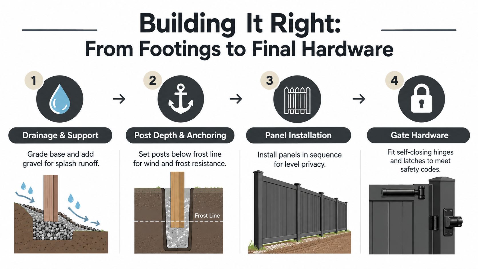 A four-step infographic illustrating the professional installation process for a durable backyard privacy fence.