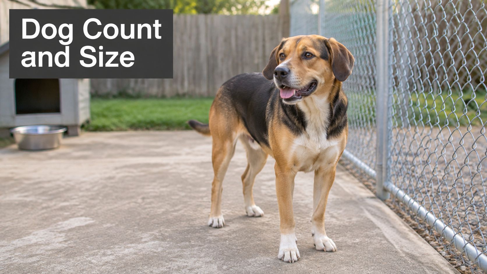 A happy tricolor hound dog standing on a concrete patio in a fenced backyard kennel area.