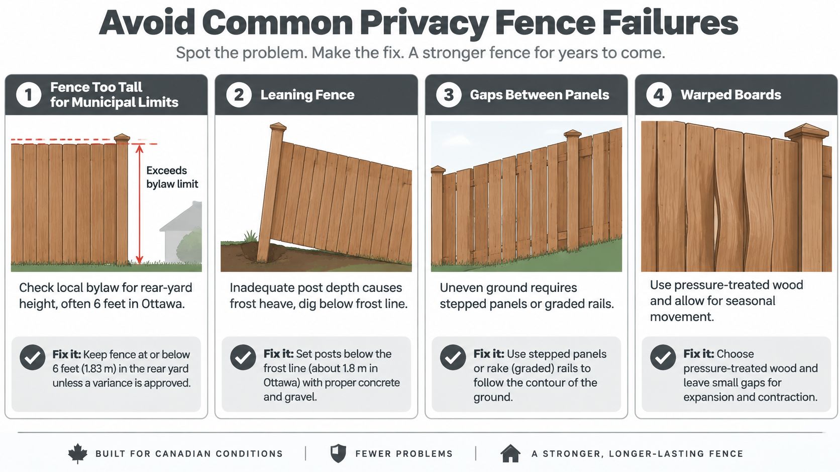 An infographic showing four common privacy fence construction failures and how to fix them for durability.