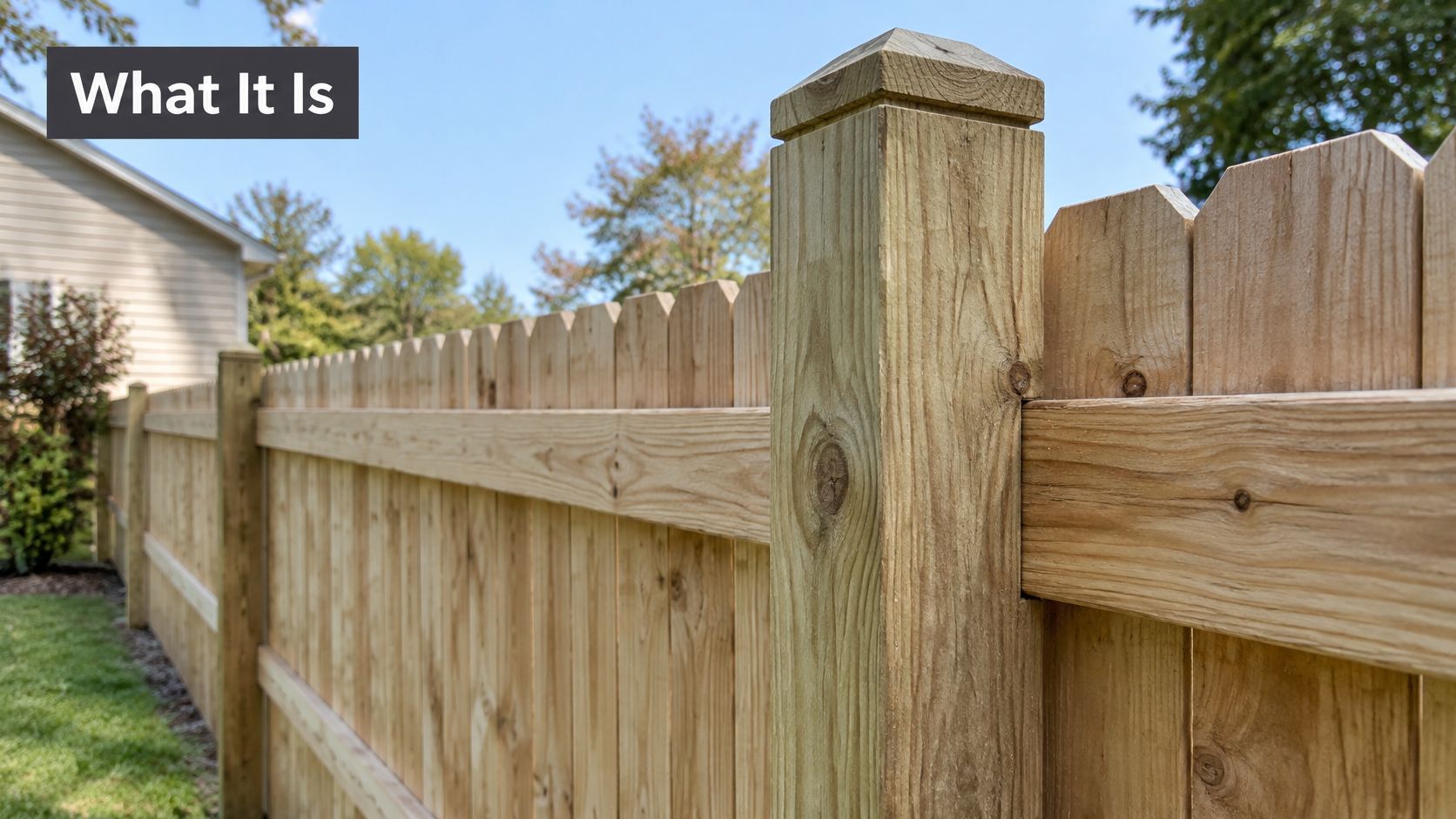 A close-up view of a sturdy wooden 4x4 fence post supporting a traditional picket privacy fence.