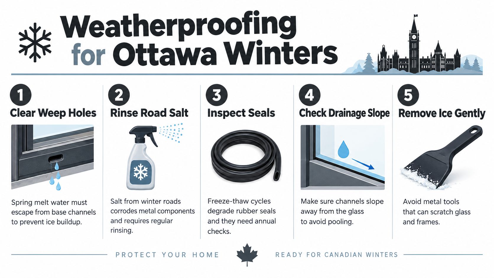 An infographic showing five essential tips for weatherproofing windows and glass railings during Ottawa's cold winters.