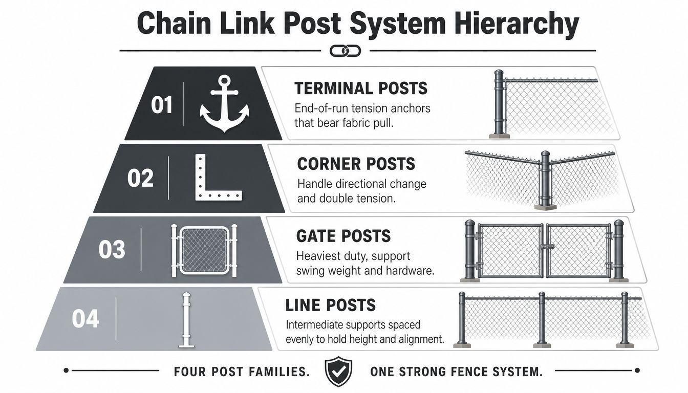 An infographic showing the four types of chain-link fencing posts and their specific functional roles.
