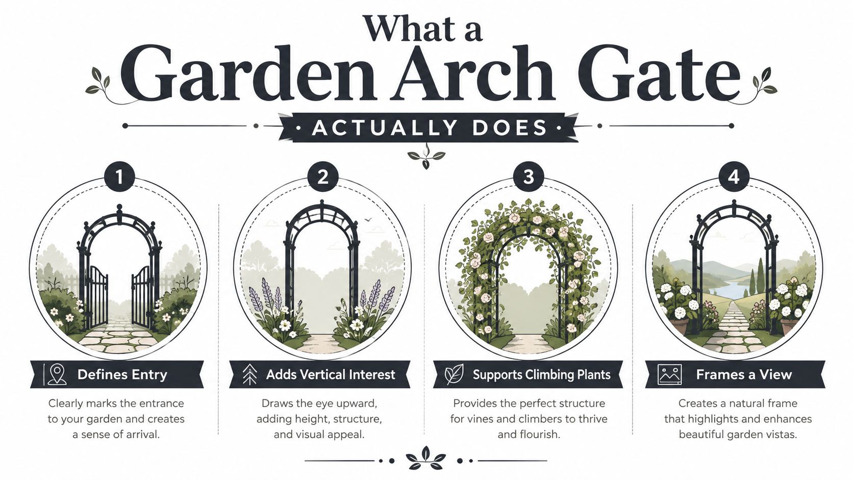 An infographic illustrating four functional benefits of a garden arch gate in a landscape design.