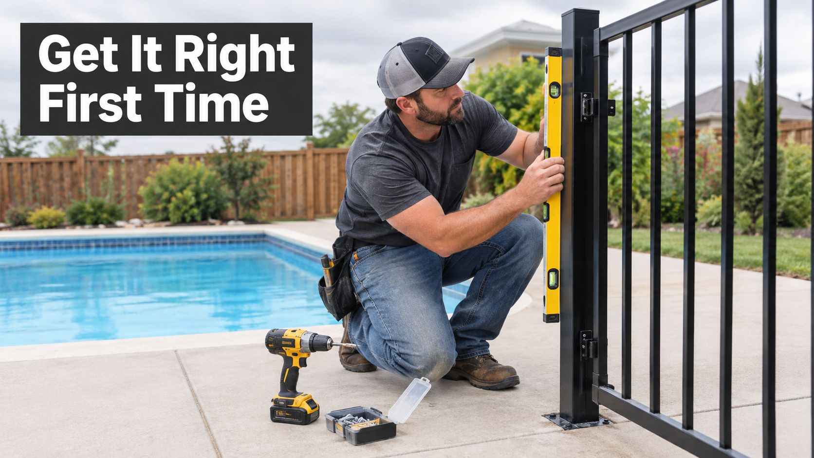 A professional construction worker installing a black metal swimming pool fence gate outdoors on a patio.