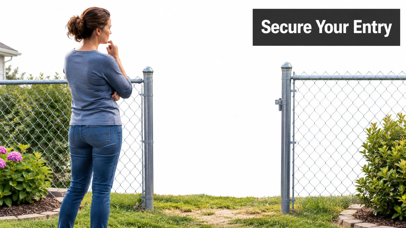 A thoughtful woman stands before an open chain link gate while looking out over a grassy area.